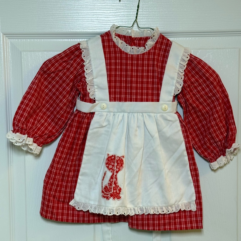 Vintage Red Plaid Dress with White Eyelet Trim & Kitty Appliqué